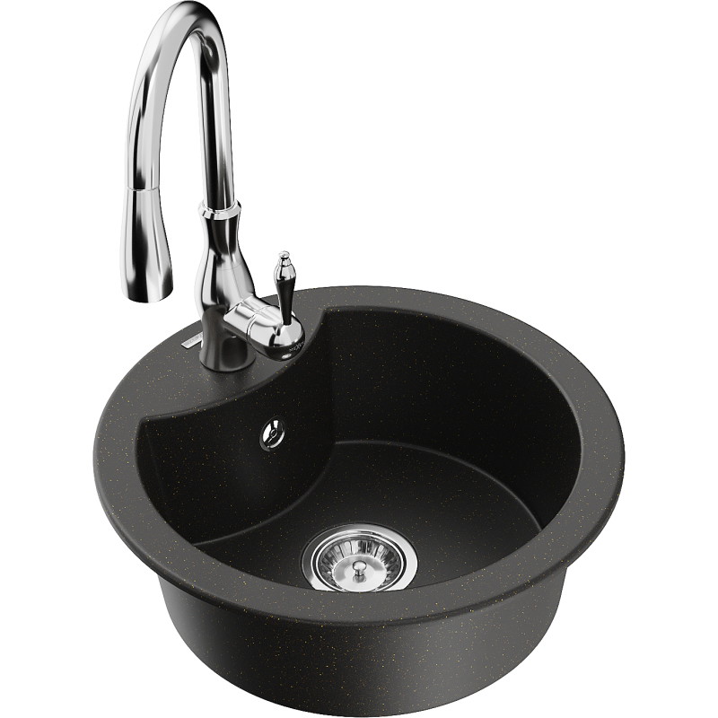 Mexen Diego 1-bowl granite sink with Savita kitchen faucet, black/gold metallic - 6512-75-672601-00