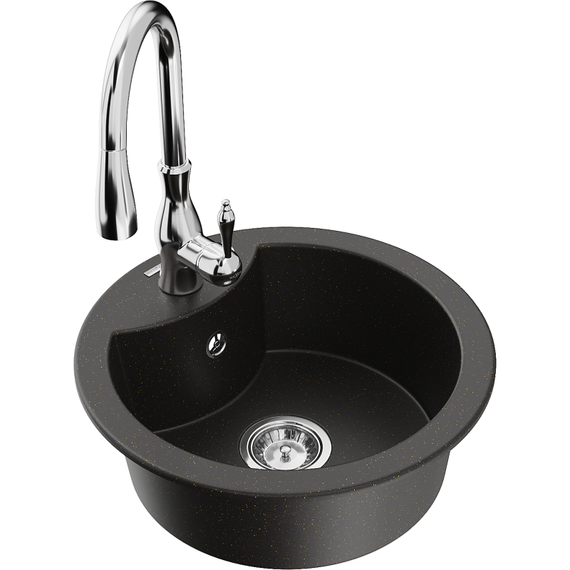 Mexen Diego 1-bowl Granite Sink with Savita Kitchen Tap, Black/Gold Metallic - 6512-75-672601-00