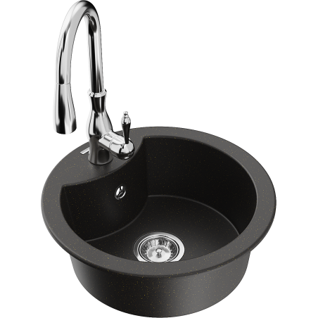 Mexen Diego 1-bowl granite sink with Savita kitchen faucet, black/gold metallic - 6512-75-672601-00