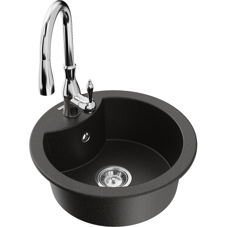 Mexen Diego granite sink single-bowl with Savita kitchen faucet, black/gold metallic - 6512-75-672601-00
