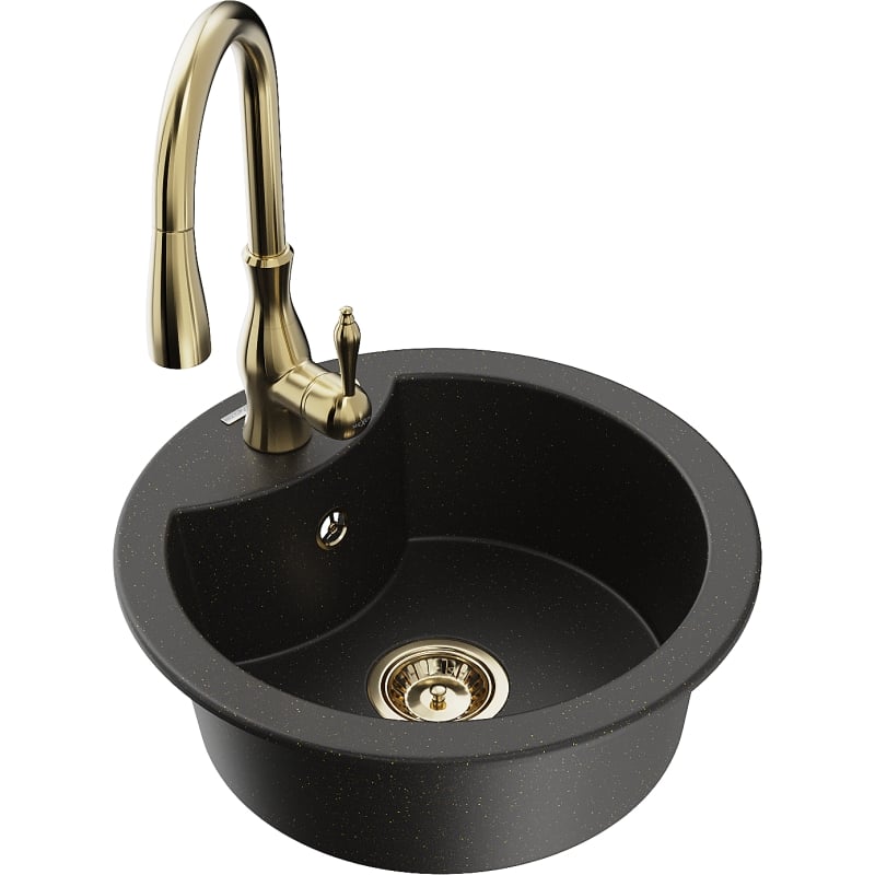 Mexen Diego 1-bowl granite sink with Savita kitchen faucet, black/gold metallic - 6512-75-672601-50