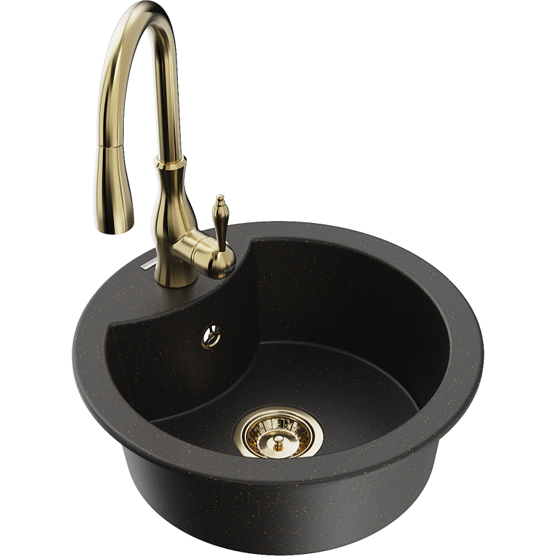 Mexen Diego 1-bowl granite sink with Savita kitchen tap, black/gold metallic - 6512-75-672601-50