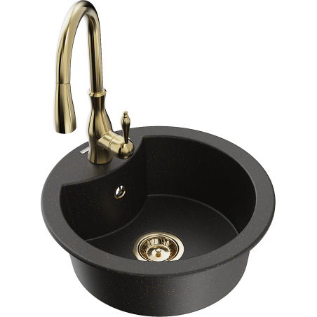 Mexen Diego 1-bowl granite sink with Savita kitchen tap, black/gold metallic - 6512-75-672601-50