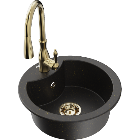 Mexen Diego 1-compartment granite sink with a kitchen mixer tap Savita, Black/Gold metallic - 6512-75-672601-50