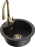 Mexen Diego 1-compartment granite sink with Savita kitchen faucet, black/gold metallic - 6512-75-672601-50