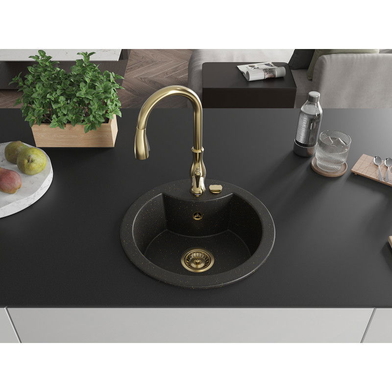 Mexen Diego 1-bowl granite sink with Savita kitchen tap, black/gold metallic - 6512-75-672601-50