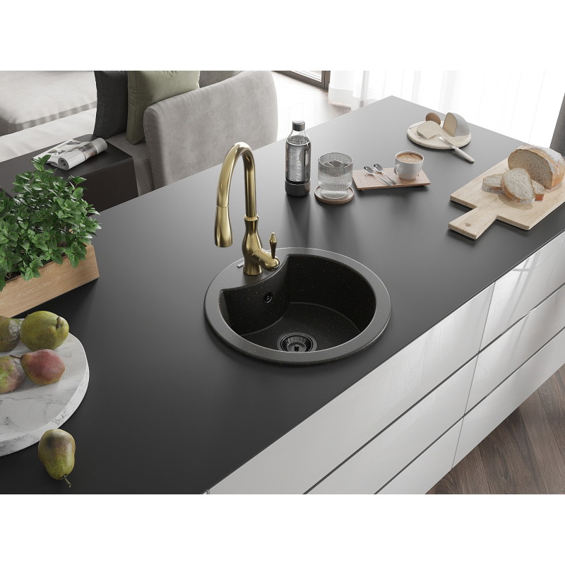 Mexen Diego granite sink 1-bowl with kitchen faucet Savita, black/gold metallic - 6512-75-672601-50-B