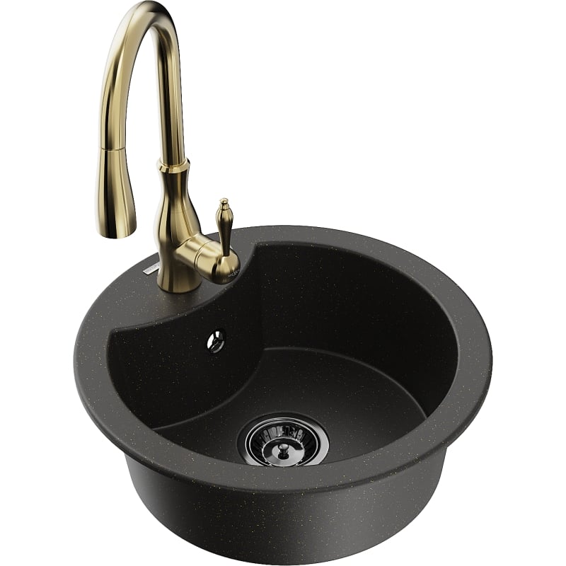 Mexen Diego granite sink 1-bowl with kitchen faucet Savita, black/gold metallic - 6512-75-672601-50-B