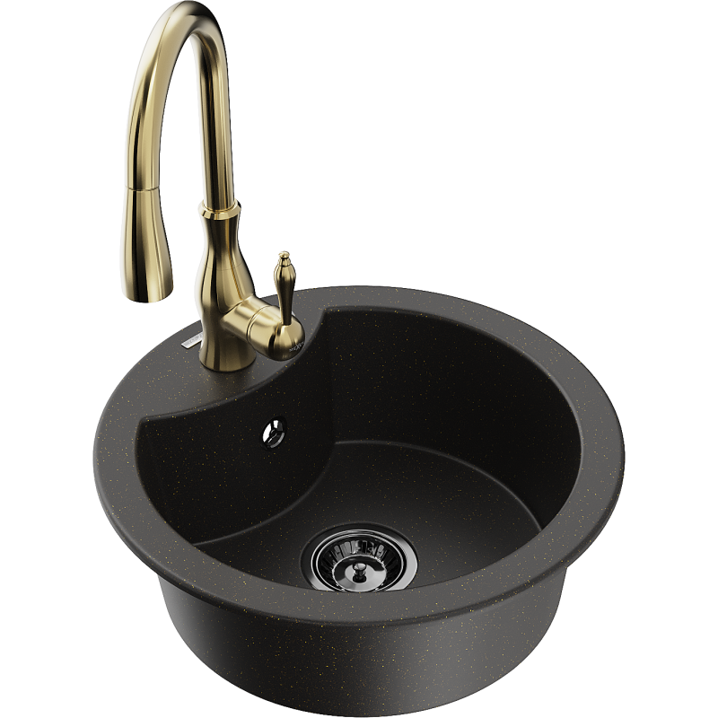 Mexen Diego granite sink with 1 bowl and Savita kitchen mixer tap, black/gold metallic - 6512-75-672601-50-B