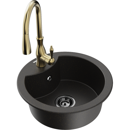 Mexen Diego 1-Bowl Granite Sink with Kitchen Faucet Savita, Black/Gold Metallic - 6512-75-672601-50-B