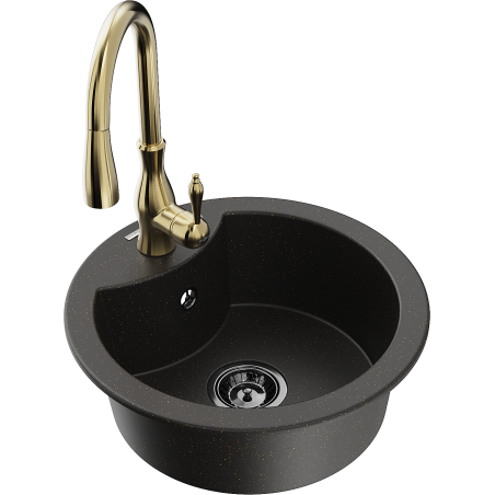 Mexen Diego granite sink with 1 bowl and Savita kitchen mixer tap, black/gold metallic - 6512-75-672601-50-B
