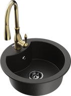 Mexen Diego 1-Bowl Granite Sink with Kitchen Faucet Savita, Black/Gold Metallic - 6512-75-672601-50-B