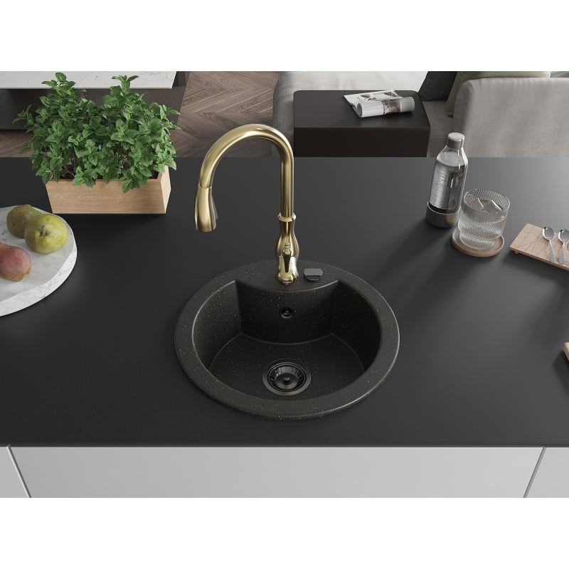 Mexen Diego granite sink 1-bowl with kitchen faucet Savita, black/gold metallic - 6512-75-672601-50-B