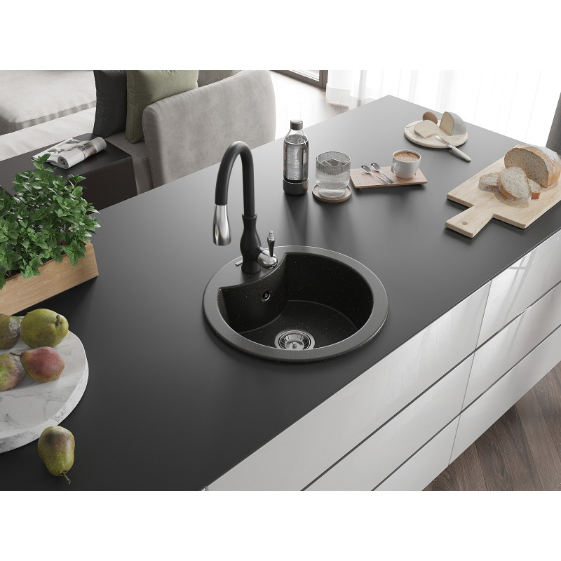 Mexen Diego 1-bowl granite sink with Savita kitchen faucet, black/gold metallic - 6512-75-672601-70