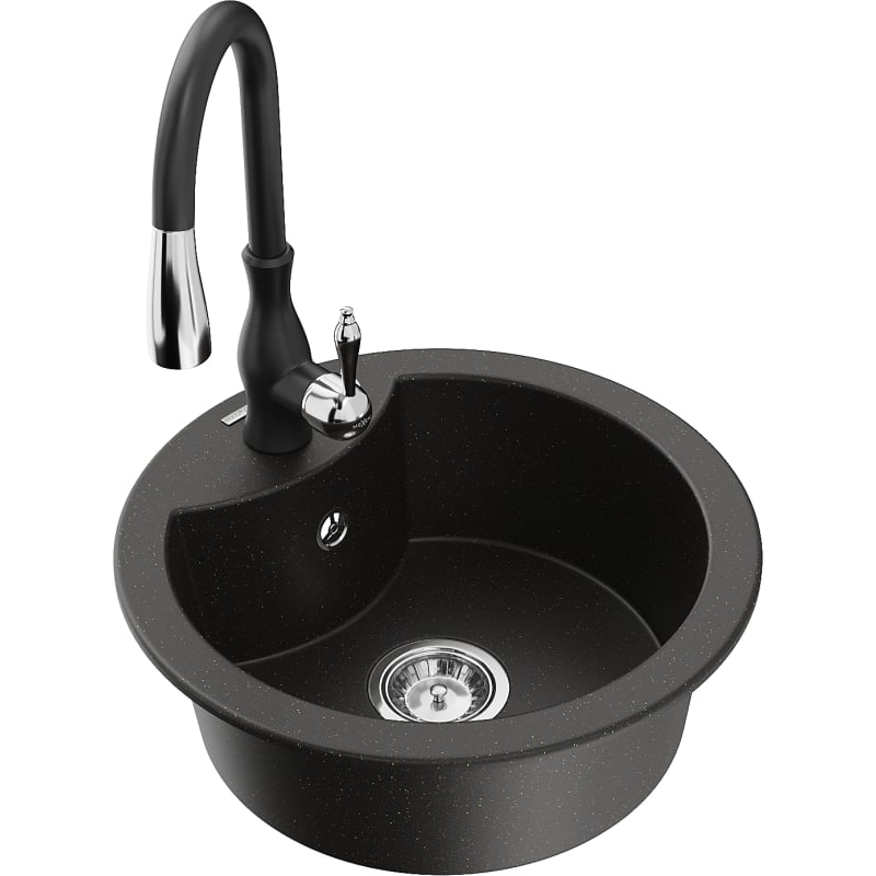 Mexen Diego 1-bowl granite sink with Savita kitchen faucet, black/gold metallic - 6512-75-672601-70