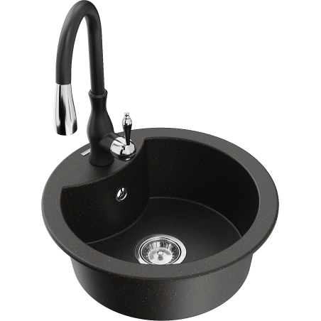 Mexen Diego 1-bowl granite sink with Savita kitchen faucet, black/gold metallic - 6512-75-672601-70