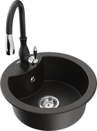 Mexen Diego 1-compartment granite sink with a kitchen mixer tap Savita, Black/Gold metallic - 6512-75-672601-70