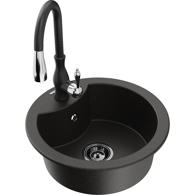 Mexen Diego granite sink 1-bowl with Savita kitchen tap, black/gold metallic - 6512-75-672601-70-B