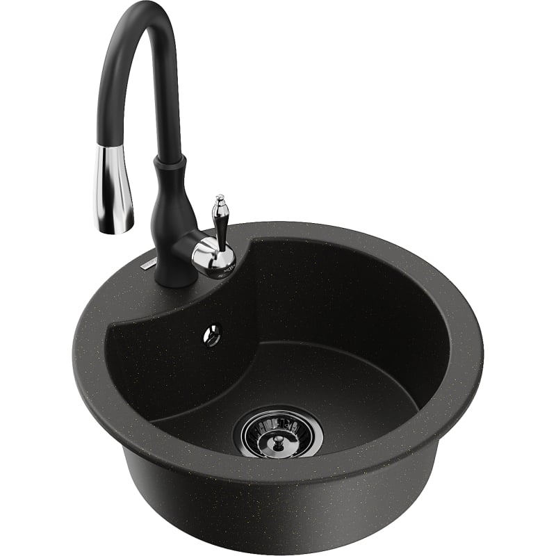 Mexen Diego single-bowl granite sink with Savita kitchen faucet, black/gold metallic - 6512-75-672601-70-B