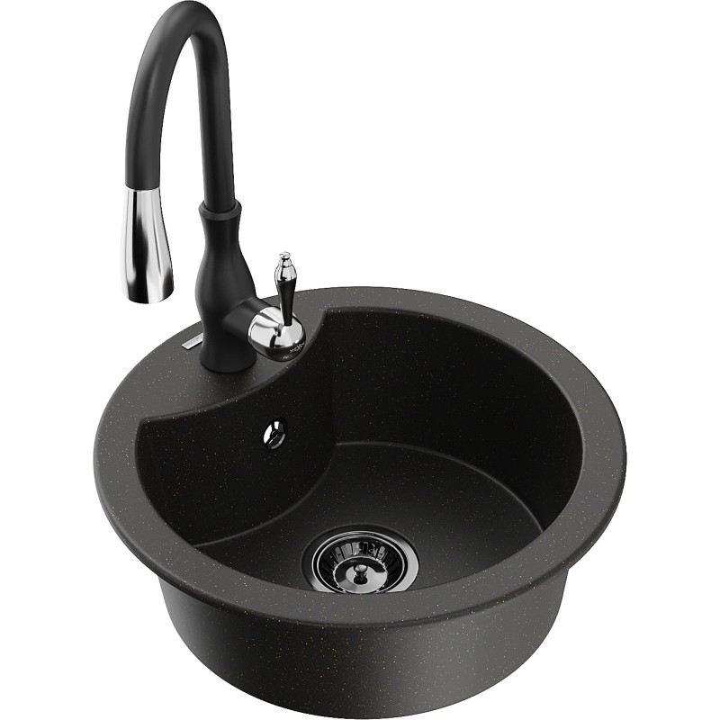 Mexen Diego single-bowl granite sink with Savita kitchen faucet, black/golden metallic - 6512-75-672601-70-B