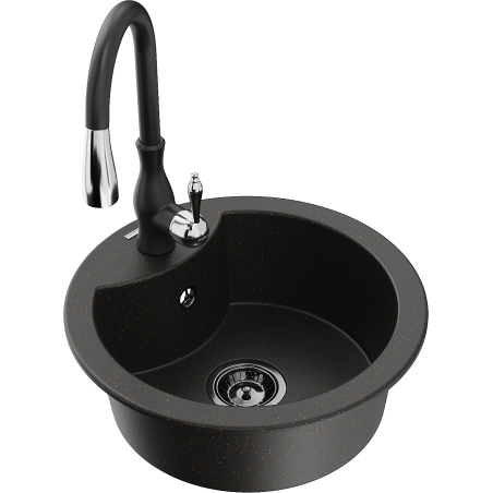 Mexen Diego granite sink 1-bowl with Savita kitchen tap, black/gold metallic - 6512-75-672601-70-B