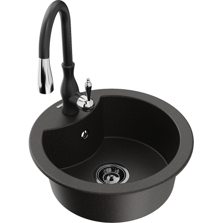 Mexen Diego single-bowl granite sink with Savita kitchen faucet, black/gold metallic - 6512-75-672601-70-B