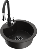 Mexen Diego single-bowl granite sink with Savita kitchen faucet, black/golden metallic - 6512-75-672601-70-B
