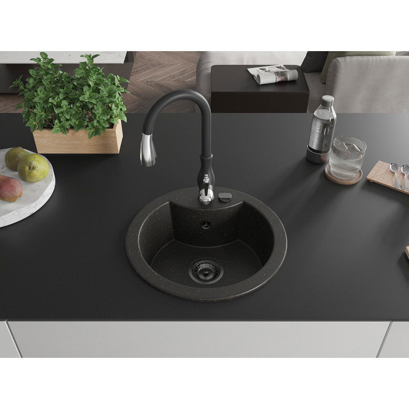 Mexen Diego granite sink 1-bowl with Savita kitchen tap, black/gold metallic - 6512-75-672601-70-B