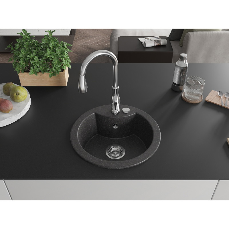 Mexen Diego 1-bowl granite kitchen sink with Savita kitchen faucet, speckled black - 6512-76-672601-00