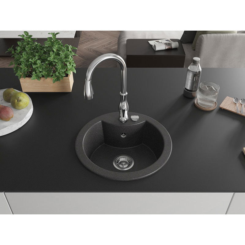 Mexen Diego 1-bowl granite sink with Savita kitchen tap, black speckled - 6512-76-672601-00