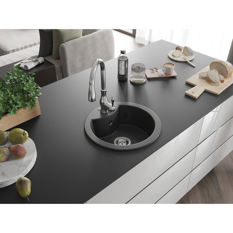 Mexen Diego 1-bowl granite sink with Savita kitchen tap, black speckled - 6512-76-672601-00