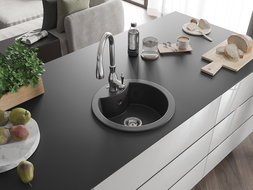 Mexen Diego 1-compartment granite sink with a kitchen mixer tap Savita, spotted black - 6512-76-672601-00