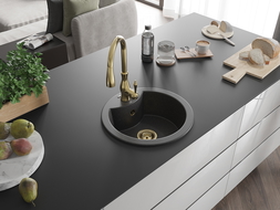 Mexen Diego 1-compartment granite sink with a kitchen mixer tap Savita, spotted black - 6512-76-672601-50