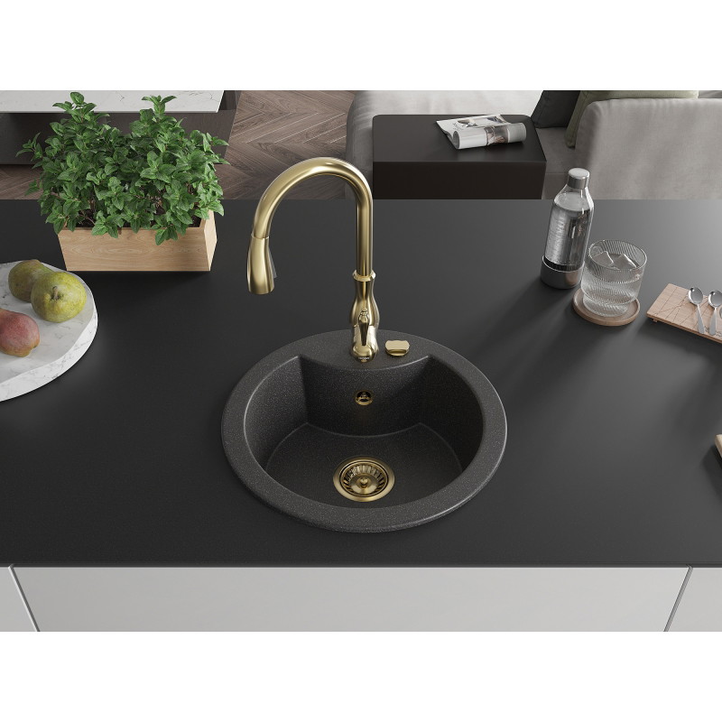 Mexen Diego granite kitchen sink 1-bowl with Savita kitchen faucet, speckled black - 6512-76-672601-50