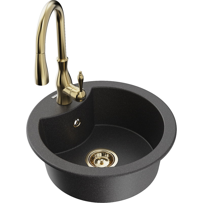 Mexen Diego granite kitchen sink 1-bowl with Savita kitchen faucet, speckled black - 6512-76-672601-50