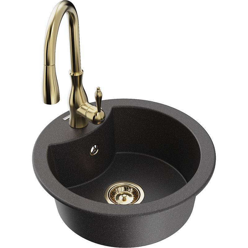 Mexen Diego granite sink 1-bowl with Savita kitchen tap, black speckled - 6512-76-672601-50