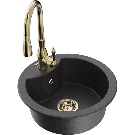 Mexen Diego granite kitchen sink 1-bowl with Savita kitchen faucet, speckled black - 6512-76-672601-50