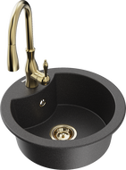 Mexen Diego granite sink 1-bowl with Savita kitchen tap, black speckled - 6512-76-672601-50