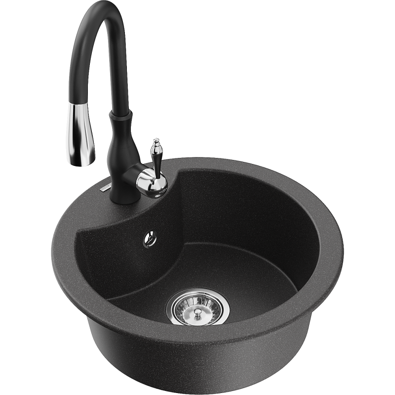 Mexen Diego granite sink 1-bowl with Savita kitchen tap, speckled black - 6512-76-672601-70