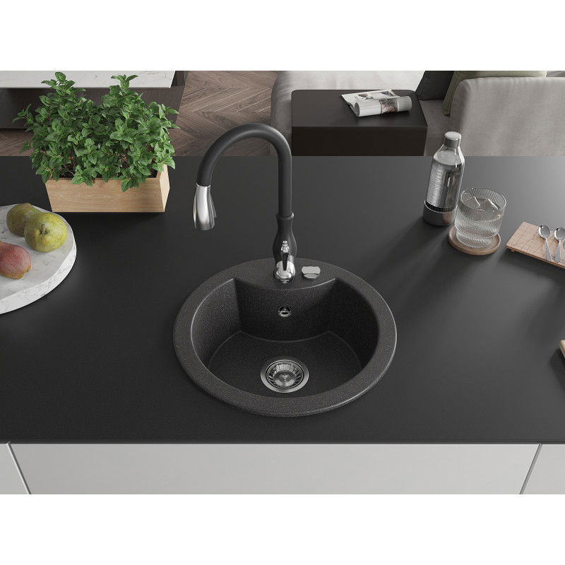 Mexen Diego granite sink 1-bowl with Savita kitchen tap, speckled black - 6512-76-672601-70