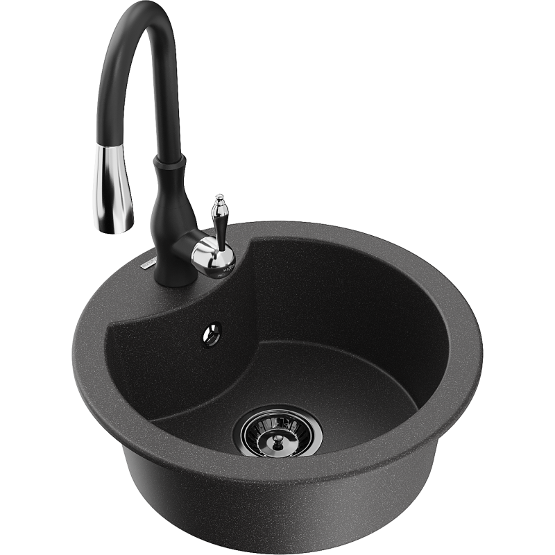 Mexen Diego 1-bowl granite sink with Savita kitchen tap, speckled black - 6512-76-672601-70-B
