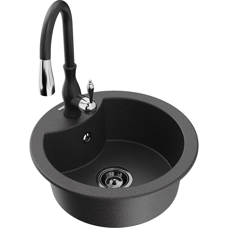 Mexen Diego granite kitchen sink 1-bowl with Savita kitchen faucet, black speckled - 6512-76-672601-70-B