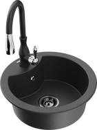 Mexen Diego granite kitchen sink 1-bowl with Savita kitchen faucet, black spotted - 6512-76-672601-70-B