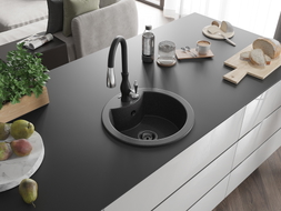 Mexen Diego granite kitchen sink 1-bowl with Savita kitchen faucet, black spotted - 6512-76-672601-70-B