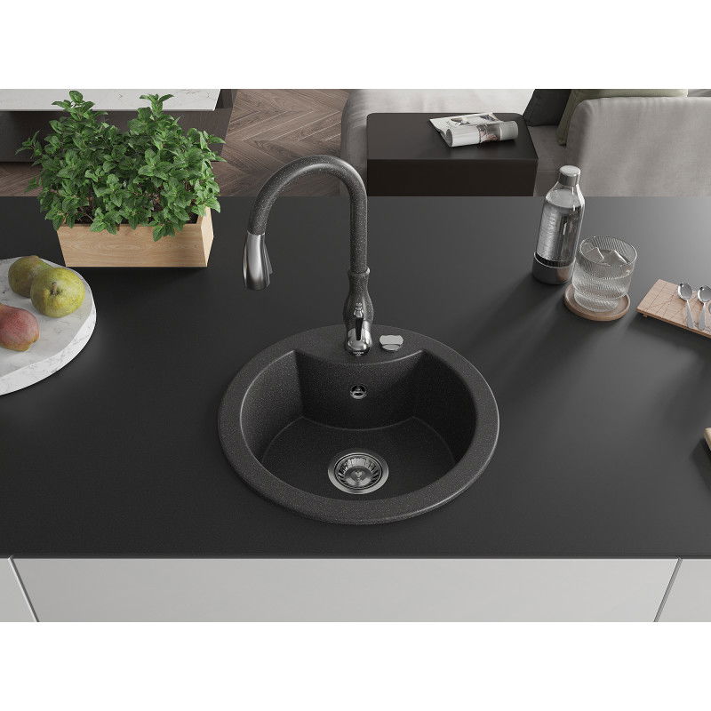 Mexen Diego granite sink 1-bowl with Savita kitchen tap, black speckled - 6512-76-672601-76