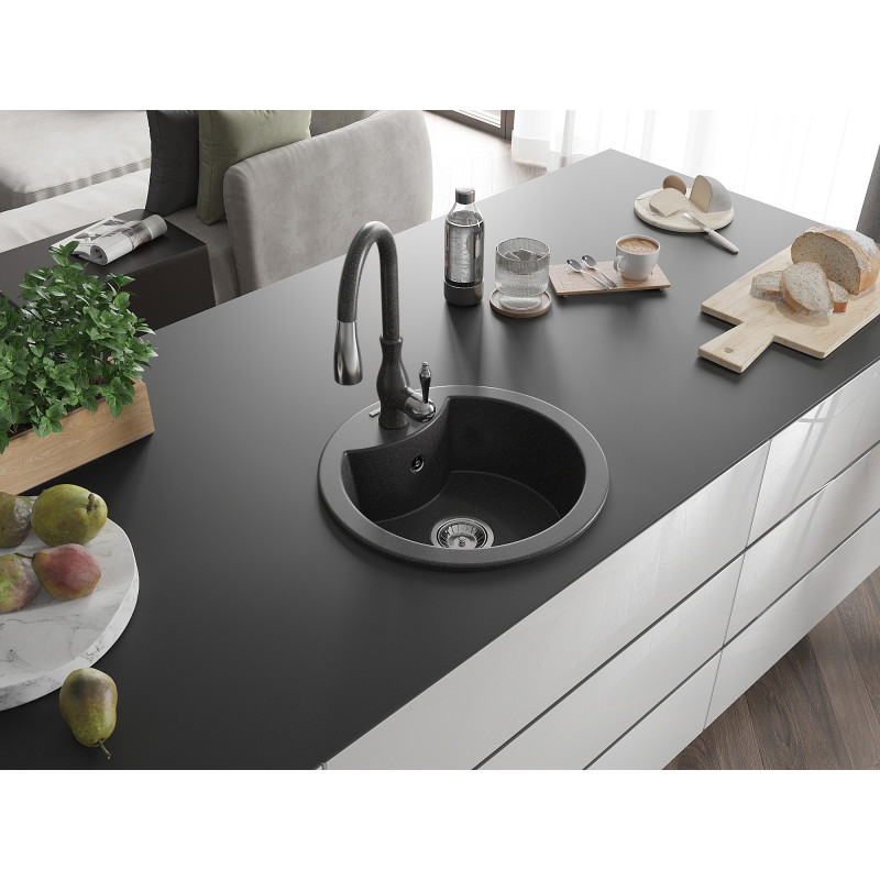 Mexen Diego 1-bowl granite kitchen sink with Savita faucet, black speckled - 6512-76-672601-76