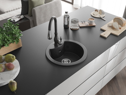 Mexen Diego granite sink 1-bowl with Savita kitchen tap, black speckled - 6512-76-672601-76