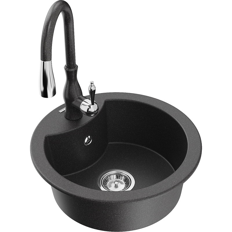 Mexen Diego 1-bowl granite kitchen sink with Savita kitchen faucet, speckled black - 6512-76-672601-76