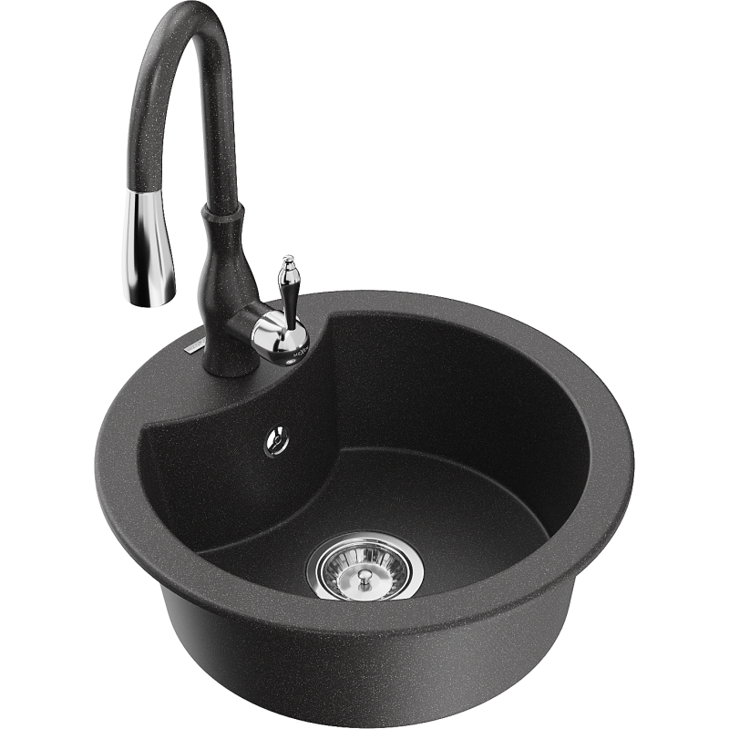 Mexen Diego 1-compartment granite sink with a kitchen mixer tap Savita, spotted black - 6512-76-672601-76
