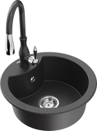 Mexen Diego granite sink 1-bowl with Savita kitchen tap, black speckled - 6512-76-672601-76